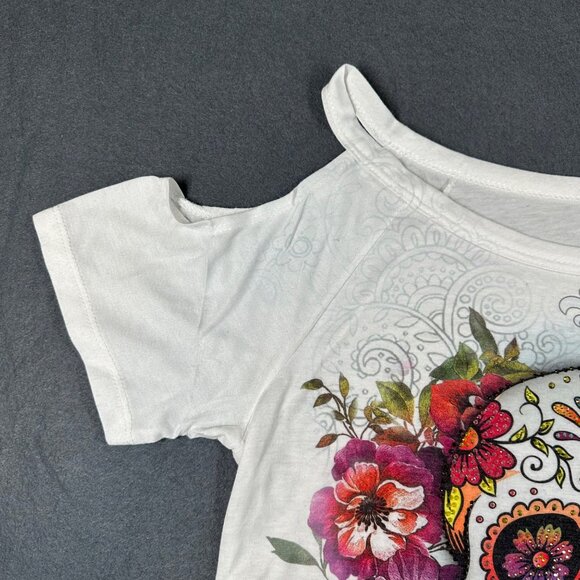 Sweet Gisele Womens Medium Sugar Skull Open Cold Shoulder SS Tee White Florida - Picture 4 of 6
